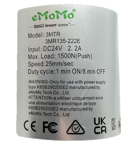 eMoMo Tech 3MR135-222E Footrest Actuator Compliance Label