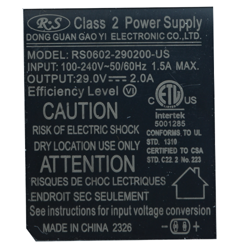 US/CA 2.0A Electric Recliner Adapter Compliance Label