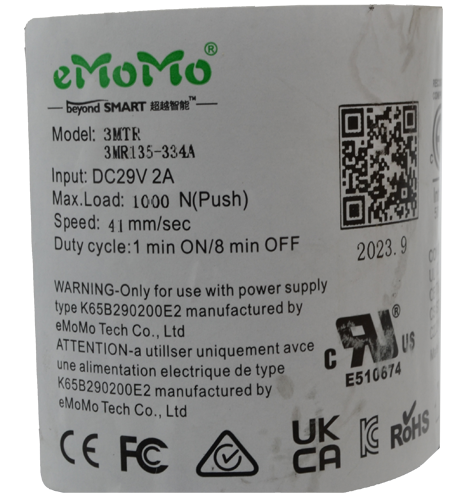 eMoMo 3MR-135-334A Electric Recliner Actuator Compliance Label