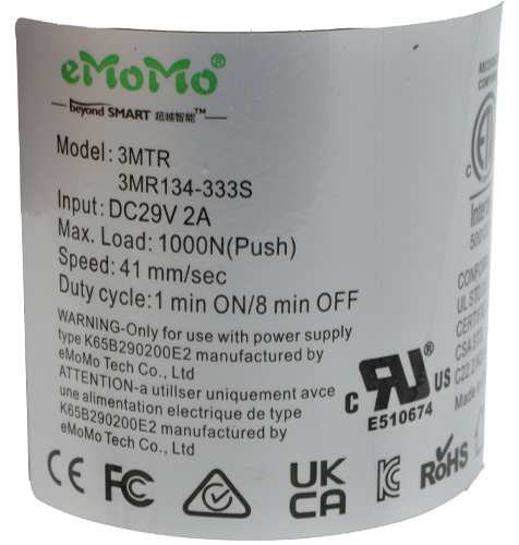 eMoMo Tech Electric Recliner actuator 3MR134-333S Compliance Label