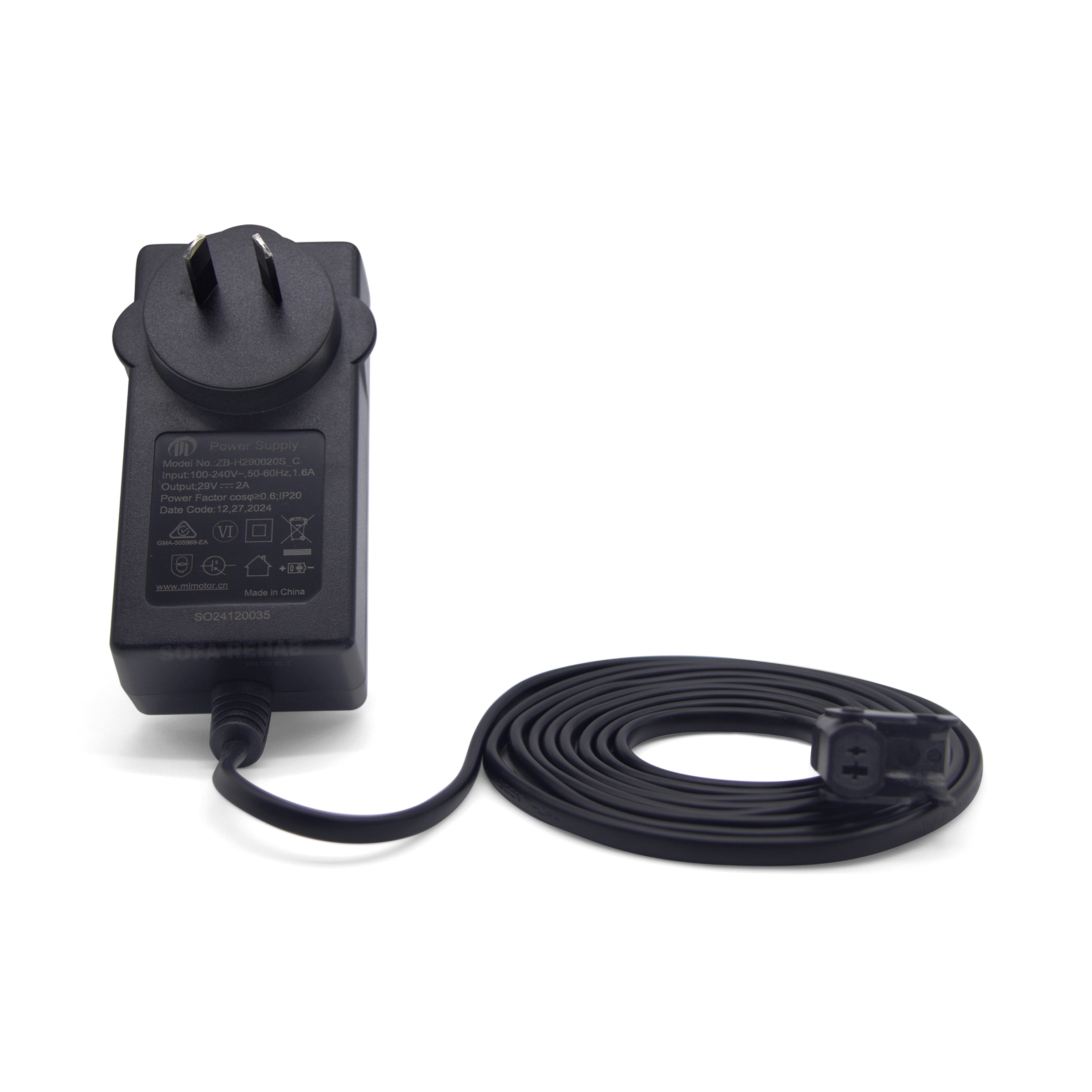 Mulin-ZB-H290020S-C-ZB-Power-recliner-battery-charger-29V-2A-label-side-full-view-2000mm-cable-straight-2-pin-female-plug-with-clasp