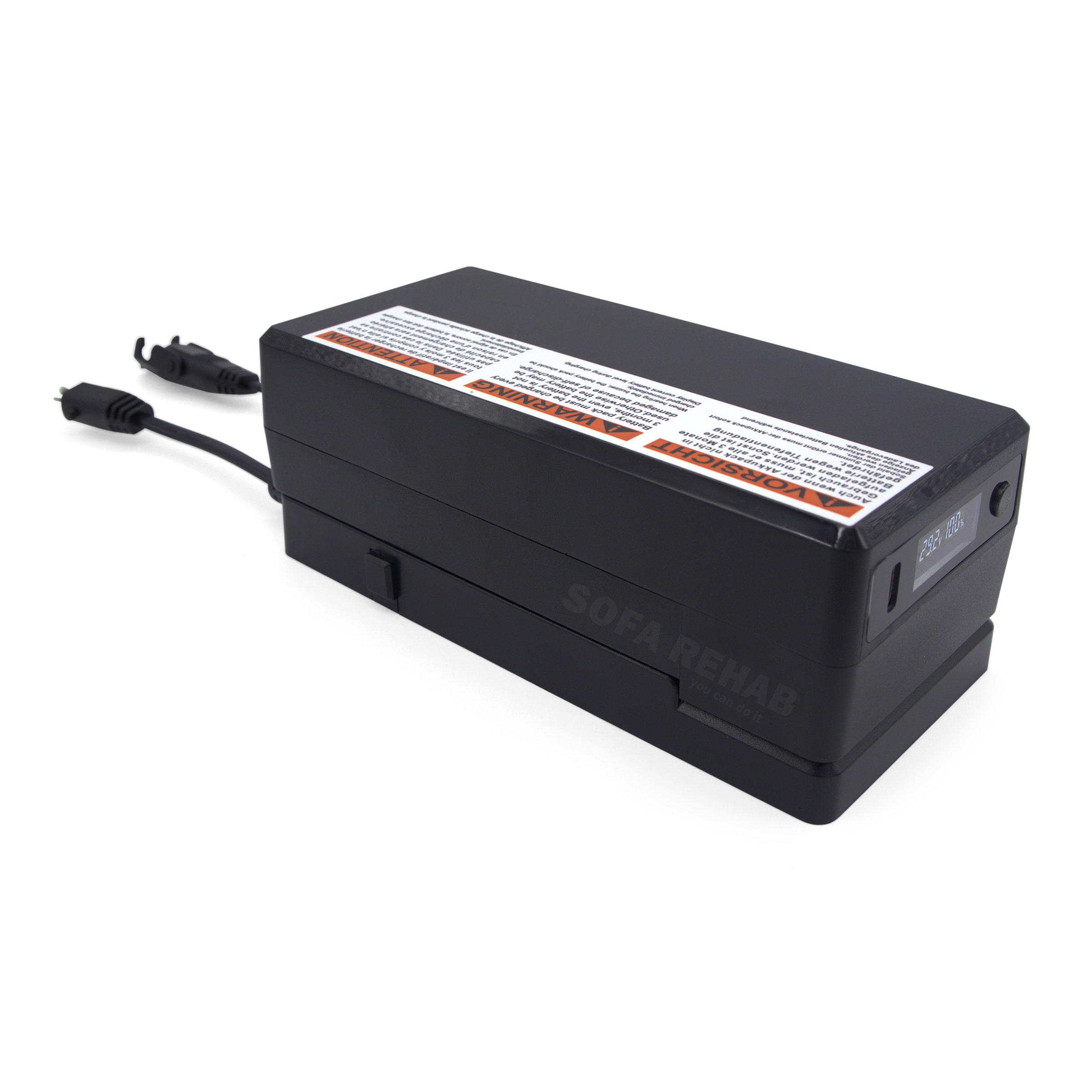 ZB-Power-lithium-ion-recliner-battery-pack-on-BS-SD-charging-dock-angled-front-view-USB-C-port-LED-display-and-button