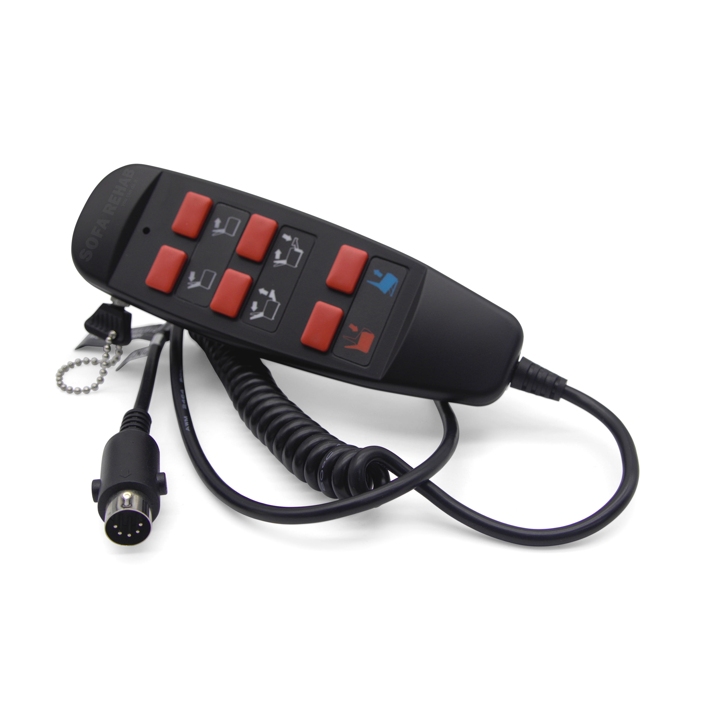 Pride-MOTO-HSW208F-ELEASMB7275-PN7275-6-button-replacement-lift-chair-handset-remote-with-locking-key-and-male-5-pin-DIN-plug-angled-front-view Pride-MOTO-HSW208F-ELEASMB7275-PN7275-6-button-replacement-lift-chair-handset-remote-with-locking-key-and-male-5-pin-DIN-plug-angled-front-view